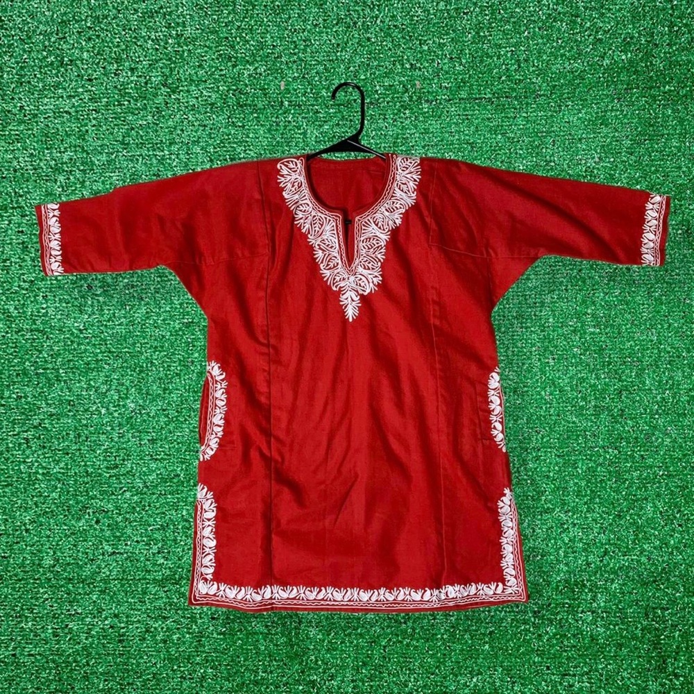 Vibrant Red Vintage African Shirt Handmade Unique